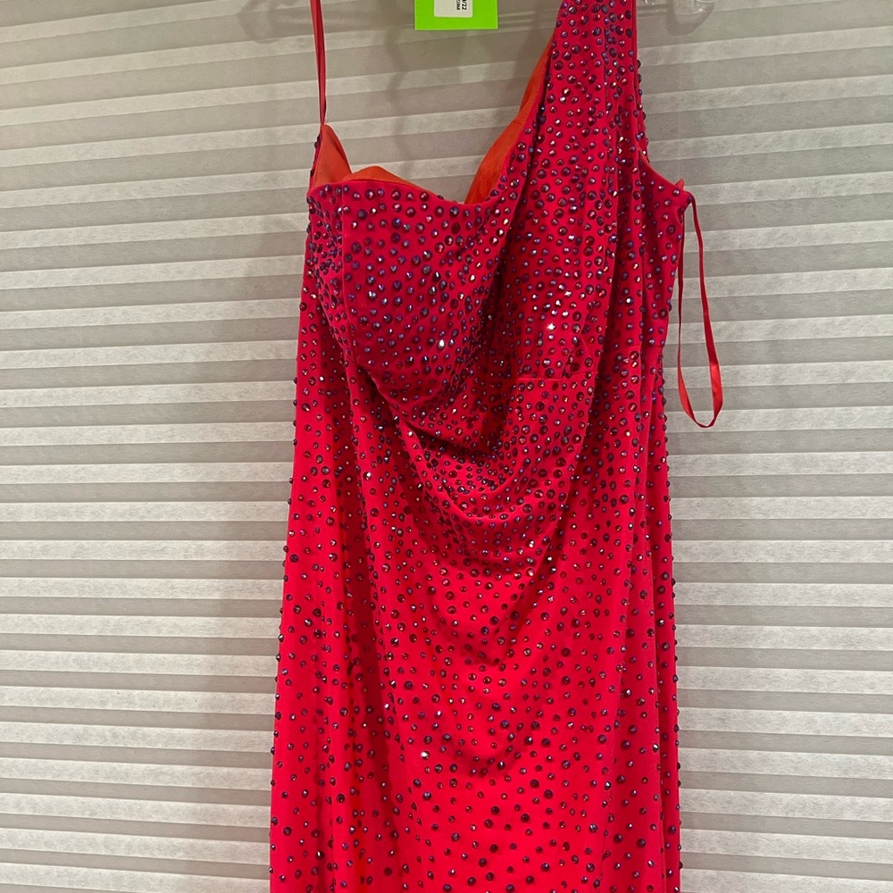 Johnathon Kayne reddish pink with iridescent beading prom dress